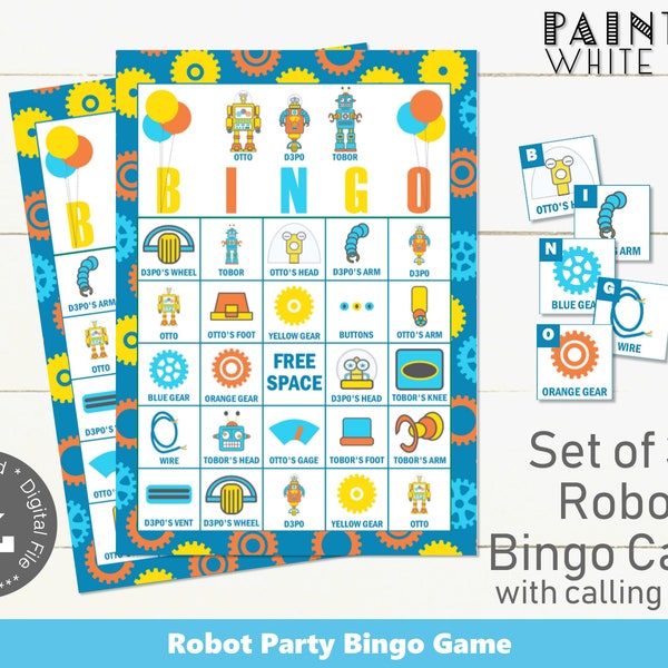 Robot bingospel afdrukbare bingospel bingokaarten Robot Party activiteit Instant Download Party Game Robot Party decoraties jongens PWL12