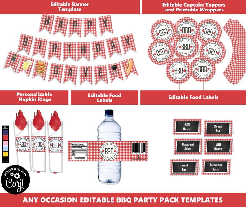 Puede incluir: Plantillas de paquete de fiesta de barbacoa editables con patr&oacute;n de cuadros rojos y blancos. Incluye una pancarta, adornos para cupcakes, anillos para servilletas, etiquetas para alimentos y envoltorios imprimibles. El texto en la pancarta dice "Feliz cumplea&ntilde;os Dave".