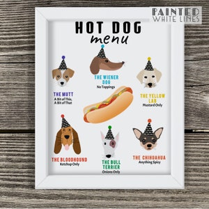 May include: A white framed illustration of a hot dog menu with different dog breeds wearing party hats and representing different hot dog toppings. The text reads "HOT DOG menu" and "PAINTED WHITE LINES".