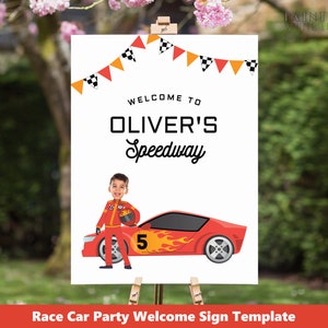 May include: A welcome sign for a race car party with a red race car and a boy dressed as a race car driver. The sign says "Welcome to Oliver's Speedway".