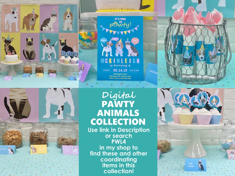 May include: A digital pawty animals collection for a birthday party. The image shows a table with cupcakes, dog-themed party favors, and a sign that says "It's time to pawty!" The sign also includes the name "Mckinleigh" and the date "09.14.19".