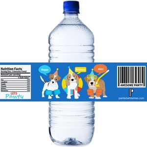 May include: Water bottle label with a blue background and three cartoon dogs wearing party hats. The label says "Let's Pawty" and has a nutrition facts label with fun facts like "laughter" and "friends".