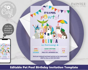 Pet Pool Party Invitation Template Download Swim Party Invite Digital Textable Emailable Printable Splash Water PWL3PRP