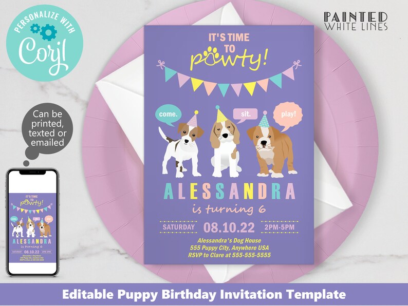 May include: Purple birthday party invitation with a puppy theme. The invitation features three cartoon puppies wearing party hats and the text "It's time to pawty!"  The invitation also includes the name "Alessandra" and the text "is turning 6".