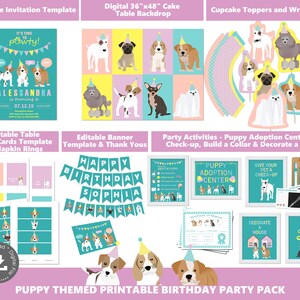 Op de afbeelding: Printbare puppy-thema verjaardagsfeestpakket met een digitale taart achtergrond, tafel tent kaarten, banner, bedankkaartjes, cupcake toppers en activiteitenbladen. Het pakket bevat een verscheidenheid aan schattige puppy illustraties in roze, blauw en geel.