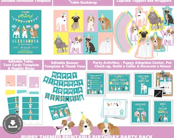 May include: Printable puppy-themed birthday party pack with a digital cake backdrop, table tent cards, banner, thank you cards, cupcake toppers, and activity sheets. The pack includes a variety of adorable puppy illustrations in pink, blue, and yellow.
