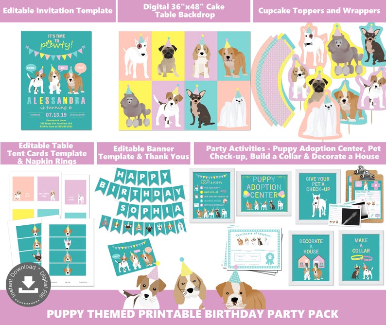 May include: Printable puppy-themed birthday party pack with a digital cake backdrop, table tent cards, banner, thank you cards, cupcake toppers, and activity sheets. The pack includes a variety of adorable puppy illustrations in pink, blue, and yellow.