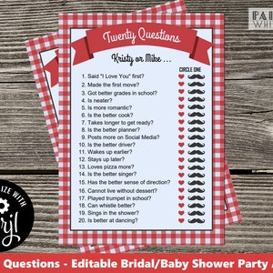 May include: A red and white gingham patterned printable game card with the title "Twenty Questions" and the text "Kristy or Mike..." with a list of 20 questions to be answered by circling a heart or a moustache.