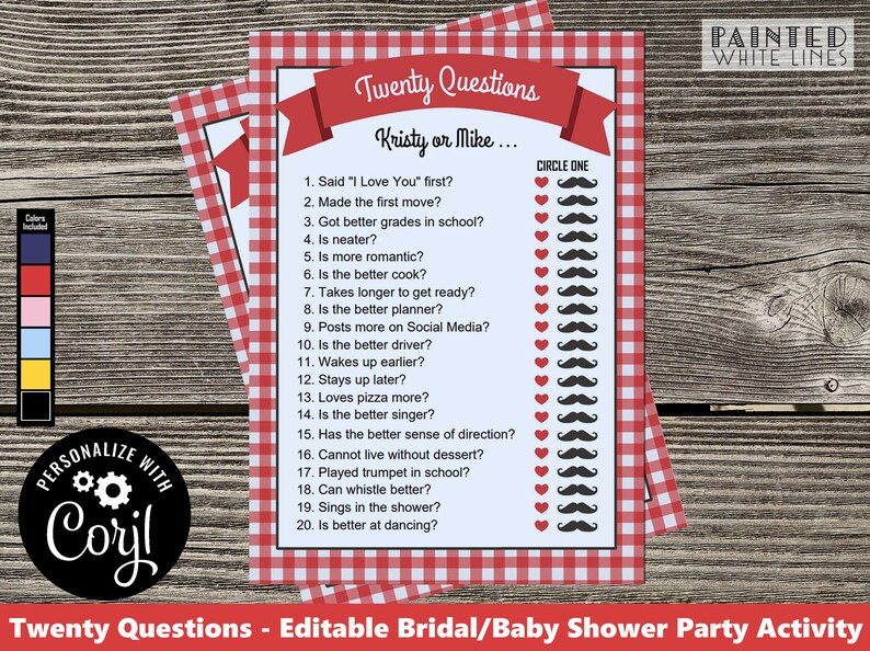 May include: A red and white gingham patterned printable game card with the title "Twenty Questions" and the text "Kristy or Mike..." with a list of 20 questions to be answered by circling a heart or a moustache.