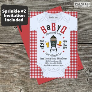 May include: A baby shower invitation in the shape of a onesie with a red and white checkered background. The invitation says "Join Us for a Baby Q Barbeque & Brew" with a date of March 22nd and a time of 4pm to 8pm. The invitation also includes a grill, a beer, and a pacifier.