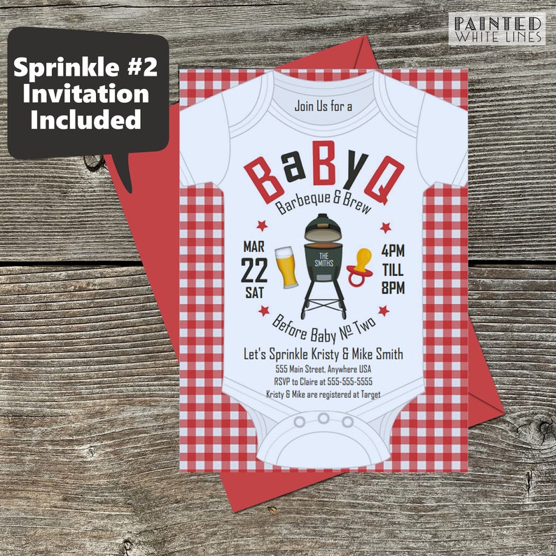 May include: A baby shower invitation in the shape of a onesie with a red and white checkered background. The invitation says "Join Us for a Baby Q Barbeque & Brew" with a date of March 22nd and a time of 4pm to 8pm. The invitation also includes a grill, a beer, and a pacifier.
