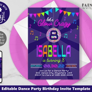 Girls Dance Party Birthday Invitation Template Download Girls Birthday Party Invite Disco Ball Theme Party Editable Lets Glow Crazy PWLGLOW