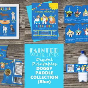 May include: Blue and yellow printable party decorations for a dog-themed birthday party. The decorations include a hot dog menu, a birthday invitation, a thank you tag, a snack bag, and a water bottle label. The theme is "doggy paddle" and the birthday boy's name is Alexander.