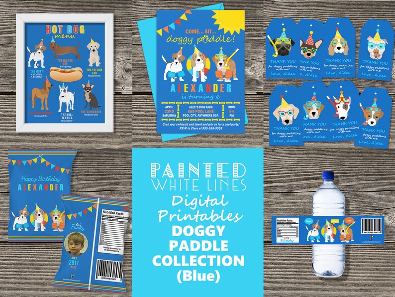 May include: Blue and yellow printable party decorations for a dog-themed birthday party. The decorations include a hot dog menu, a birthday invitation, a thank you tag, a snack bag, and a water bottle label. The theme is "doggy paddle" and the birthday boy's name is Alexander.