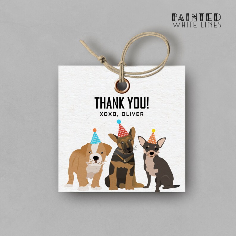 May include: Thank you card with three dogs wearing party hats. The card says "Thank You! XOXO, Oliver".