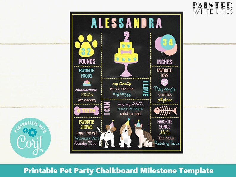 Birthday Milestone Printable Template 8x10 Milestone Chalkboard Sign Pet Party Birthday Board Adopt a pet party Girls Birthday PWL4 image 1