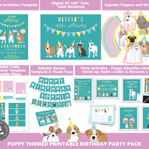Op de afbeelding: Printbare puppy-thema verjaardagsfeestpakket met een turquoise en roze kleurenschema. Inclusief een taarttafelachtergrond, cupcaketoppers, tentkaarten, een banner, bedankkaartjes en feestactiviteiten zoals een puppy-adoptiecentrum, dierenartscontrole, het maken van een halsband en het versieren van een huis.