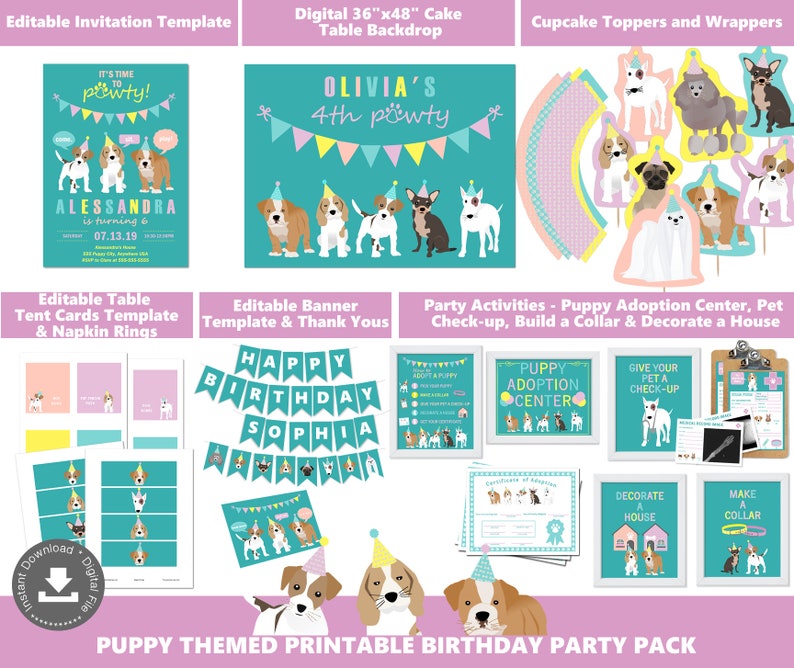 Op de afbeelding: Printbare puppy-thema verjaardagsfeestpakket met een turquoise en roze kleurenschema. Inclusief een taarttafelachtergrond, cupcaketoppers, tentkaarten, een banner, bedankkaartjes en feestactiviteiten zoals een puppy-adoptiecentrum, dierenartscontrole, het maken van een halsband en het versieren van een huis.