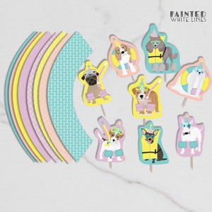 Puede incluir: Conjunto de adornos para cupcakes con diferentes razas de perros que llevan gafas de nataci&oacute;n y chalecos salvavidas. Los adornos est&aacute;n impresos en cartulina y tienen un dise&ntilde;o de l&iacute;neas blancas pintadas. El texto "PAINTED WHITE LINES" est&aacute; impreso en la parte superior de la imagen.