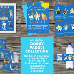 May include: A digital printable collection for a dog-themed birthday party. The collection includes a birthday invitation, a hot dog menu, a thank you tag, a water bottle label, and a chip bag. The theme is "doggy paddle" and features illustrations of dogs wearing party hats and swimming goggles. The invitation says "Come... Sit... doggy paddle! Alexander is turning 6".