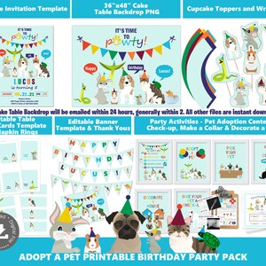 May include: Printable birthday party pack for a child's 5th birthday with an adopt a pet theme. The pack includes a 36x48 inch cake table backdrop, editable banner, tent cards, napkin rings, cupcake toppers, and party activities. The design features a variety of animals including a dog, cat, rabbit, guinea pig, turtle, and snake. The colors are blue, green, yellow, red, and orange.