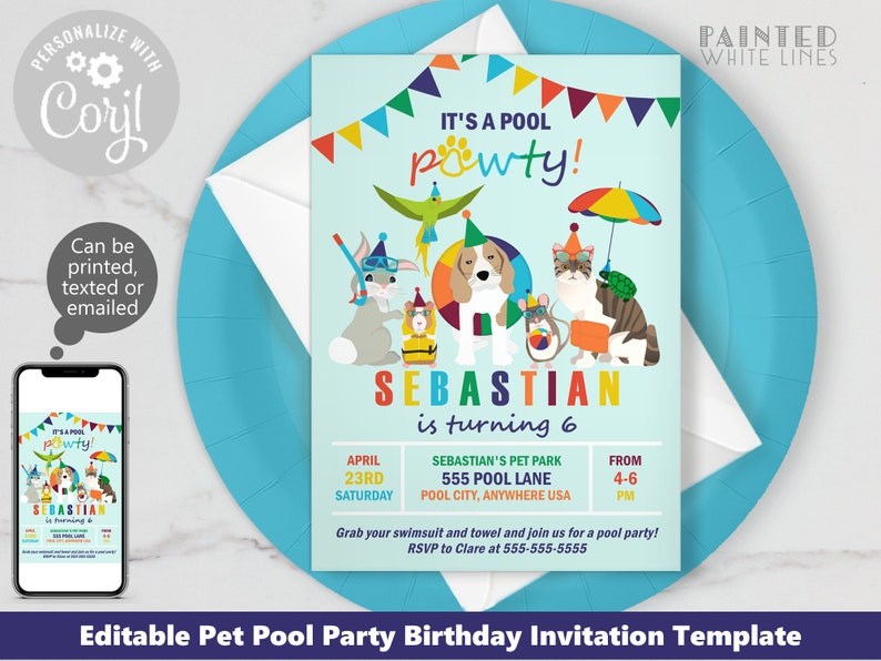May include: Editable pet pool party birthday invitation template with a blue background and colorful decorations. The invitation features a cartoon dog, cat, and rabbit wearing swimsuits and holding pool toys. The text reads "It's a Pool Pawty! Sebastian is turning 6".