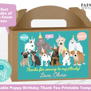 Puede incluir: Plantilla de tarjeta de agradecimiento imprimible con un fondo turquesa y un grupo de cachorros de dibujos animados que llevan sombreros de fiesta. El texto "&iexcl;Gracias por venir a mi fiesta! Con cari&ntilde;o, Olivia" est&aacute; impreso en la tarjeta. La tarjeta est&aacute; dise&ntilde;ada para usar con cajas de regalo con tapa.