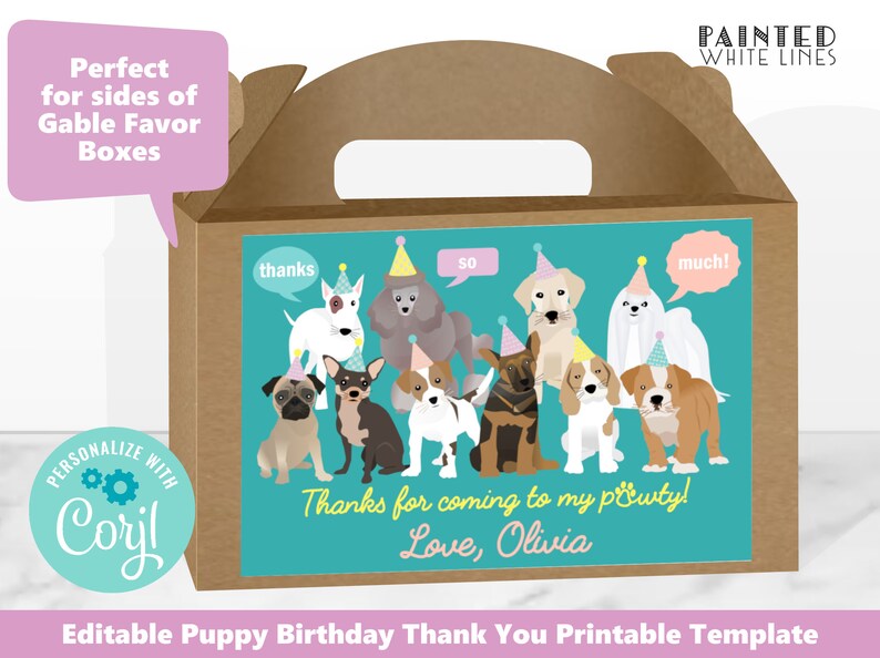 Puede incluir: Plantilla de tarjeta de agradecimiento imprimible con un fondo turquesa y un grupo de cachorros de dibujos animados que llevan sombreros de fiesta. El texto "&iexcl;Gracias por venir a mi fiesta! Con cari&ntilde;o, Olivia" est&aacute; impreso en la tarjeta. La tarjeta est&aacute; dise&ntilde;ada para usar con cajas de regalo con tapa.