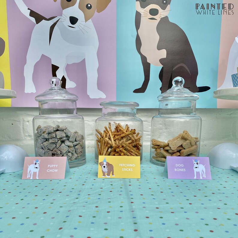 May include: Three glass jars filled with dog treats, labelled "Puppy Chow", "Fetching Sticks", and "Dog Bones". The jars are on a blue and white polka dot tablecloth. The background is a pink, blue and yellow wall with a painted image of dogs.