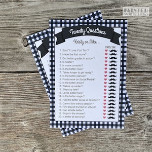 May include: A black and white gingham patterned card with the text "Twenty Questions" and "Kristy or Mike..." in white. The card has a list of 20 questions with a heart or a mustache icon next to each question for the player to circle.