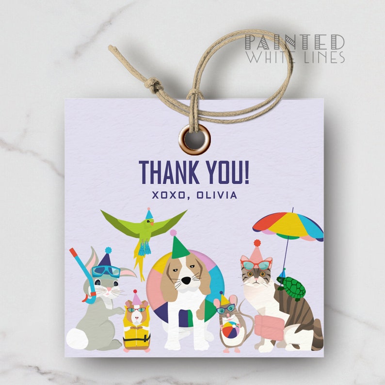May include: Purple thank you tag with a party theme.  The tag features a variety of animals wearing party hats and holding party accessories.  The text on the tag reads "Thank You! XOXO, Olivia".