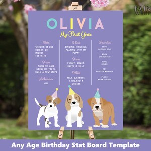 May include: Purple birthday chart with the name Olivia and the text "My First Year". The chart includes stats like weight, height, and teeth, as well as things Olivia loves, likes, and favorites. The chart is decorated with three cartoon puppies wearing party hats.