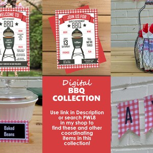 May include: A digital collection of printable BBQ party decorations featuring a red and white gingham pattern. The collection includes a welcome sign, invitation, food labels, and a banner. The text on the sign reads "Welcome to BBQ". The text on the invitation reads "Join us for Gary's Retirement BBQ".