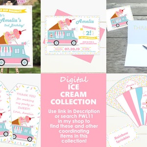 Pode incluir: Uma cole&ccedil;&atilde;o digital de festa de sorvete com um caminh&atilde;o de sorvete rosa e azul, granulado e uma etiqueta de agradecimento. A cole&ccedil;&atilde;o inclui um convite para impress&atilde;o, etiquetas de agradecimento e um leque.