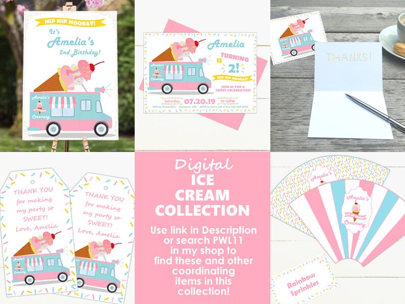 Pode incluir: Uma cole&ccedil;&atilde;o digital de festa de sorvete com um caminh&atilde;o de sorvete rosa e azul, granulado e uma etiqueta de agradecimento. A cole&ccedil;&atilde;o inclui um convite para impress&atilde;o, etiquetas de agradecimento e um leque.