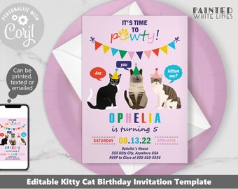 Cat Birthday Invitation Digital File Printable Cat Party Invitations Cat Party Supplies Cat Party Invite Cat Birthday Pawty Girls PWL7P