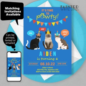 K&ouml;nnte beinhalten: Eine blaue Geburtstagseinladung mit Katzenmotiv. Die Einladung zeigt drei Katzen mit Partyh&uuml;ten und der Aufschrift "It's time to pawty!" Aiden wird 6 Jahre alt am Samstag, den 10. August 2022, von 14:00 bis 17:00 Uhr. Die Party findet im Haus von Aiden statt, 555 Kitty City, Anywhere USA. RSVP an Clare unter 555-555-5555.
