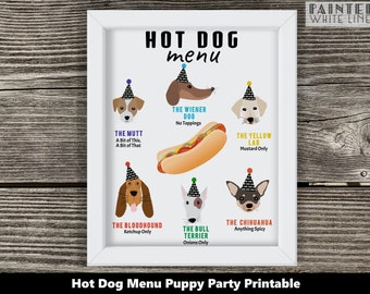 Hot Dog Bar Menu Sign Puppy Party Food Sign Printable Puppy Birthday Dog Birthday Boy Birthday Easy Party Decor PWL18BW