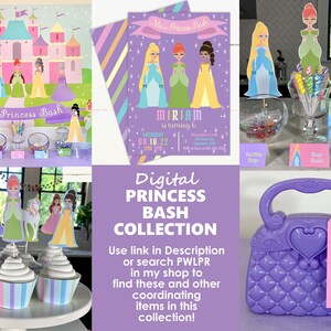 May include: A digital printable collection for a princess-themed party. The collection includes a purple invitation with gold stars, a banner with the text "Mia's Princess Bash", cupcake toppers with princesses, a purple purse, and a thank you tag with a princess.