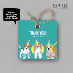 Puede incluir: Etiqueta de agradecimiento con fondo turquesa que presenta tres perros de dibujos animados con sombreros de fiesta y accesorios de nataci&oacute;n. El texto "THANK YOU! XOXO, ALI" est&aacute; impreso en la etiqueta.