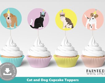 May include: Four cupcake toppers featuring a cat and dog wearing party hats. The toppers are on a white background. The toppers are round and have a pink, blue, yellow, and peach background. The text "Cat and Dog Cupcake Toppers" is at the bottom of the image. The text "Painted White Lines" is at the bottom right of the image.