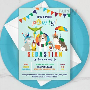May include: A colourful invitation for a pool party for Sebastian's 6th birthday. The invitation features a cartoon illustration of animals wearing pool accessories. The text reads "It's a Pool Pawty! Sebastian is turning 6. April 23rd Saturday. Sebastian's Pet Park 555 Pool Lane Pool City, Anywhere USA. From 4-6 PM. Grab your swimsuit and towel and join us for a pool party! RSVP to Clare at 555-555-5555."