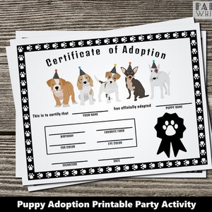 Dog Adoption Certificate Printable Kids Party Favor Puppy Party Kids Birthday Party Girls Boys Pet Party Adopt A Pet Dog Birthday PWL18BW