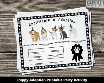 Dog Adoption Certificate Printable Kids Party Favor Puppy Party Kids Birthday Party Girls Boys Pet Party Adopt A Pet Dog Birthday PWL18BW