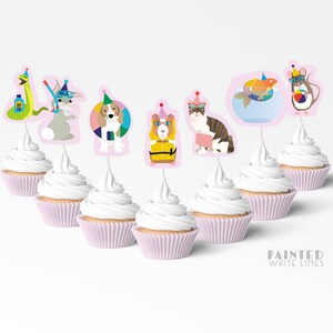 May include: Set of 7 cupcake toppers featuring various animals wearing party hats and summer accessories. The animals include a snake, rabbit, dog, guinea pig, cat, goldfish, and mouse. The toppers are printed on cardstock and are perfect for adding a fun touch to your next party.
