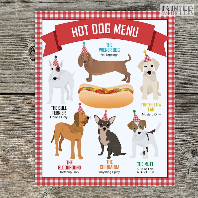May include: A hot dog menu with illustrations of different dog breeds wearing party hats. Each dog represents a different hot dog topping: The Wiener Dog with no toppings, The Bull Terrier with onions only, The Yellow Lab with mustard only, The Bloodhound with ketchup only, The Chihuahua with anything spicy, and The Mutt with a bit of this and a bit of that.
