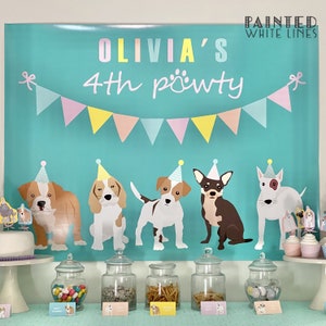 May include: A turquoise banner with the text "Olivia's 4th pawty" in pink and yellow letters. The banner has a string of pastel pink, yellow, and blue triangle flags. There are six cartoon dogs wearing party hats in front of the banner. The dogs are a bulldog, a beagle, a Jack Russell terrier, a chihuahua, a bull terrier, and a dachshund. There are six glass jars filled with candy, cookies, pretzels, and other treats on a table in front of the banner.