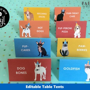 May include: Editable table tent cards with illustrations of dogs, cats, and a goldfish wearing party hats. The cards have different colored backgrounds and feature text such as "Pup-Cakes", "Hot Dogs", "Paw-Berries", and "Goldfish".