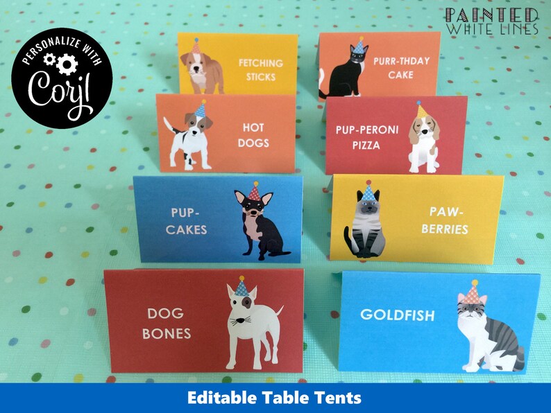 May include: Editable table tent cards with illustrations of dogs, cats, and a goldfish wearing party hats. The cards have different colored backgrounds and feature text such as "Pup-Cakes", "Hot Dogs", "Paw-Berries", and "Goldfish".