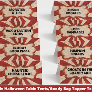 Editável nome de comida de halloween buffet tenda cartões modelo etiqueta carnaval carnEvil imprimível download instantâneo diy corjl pwl24